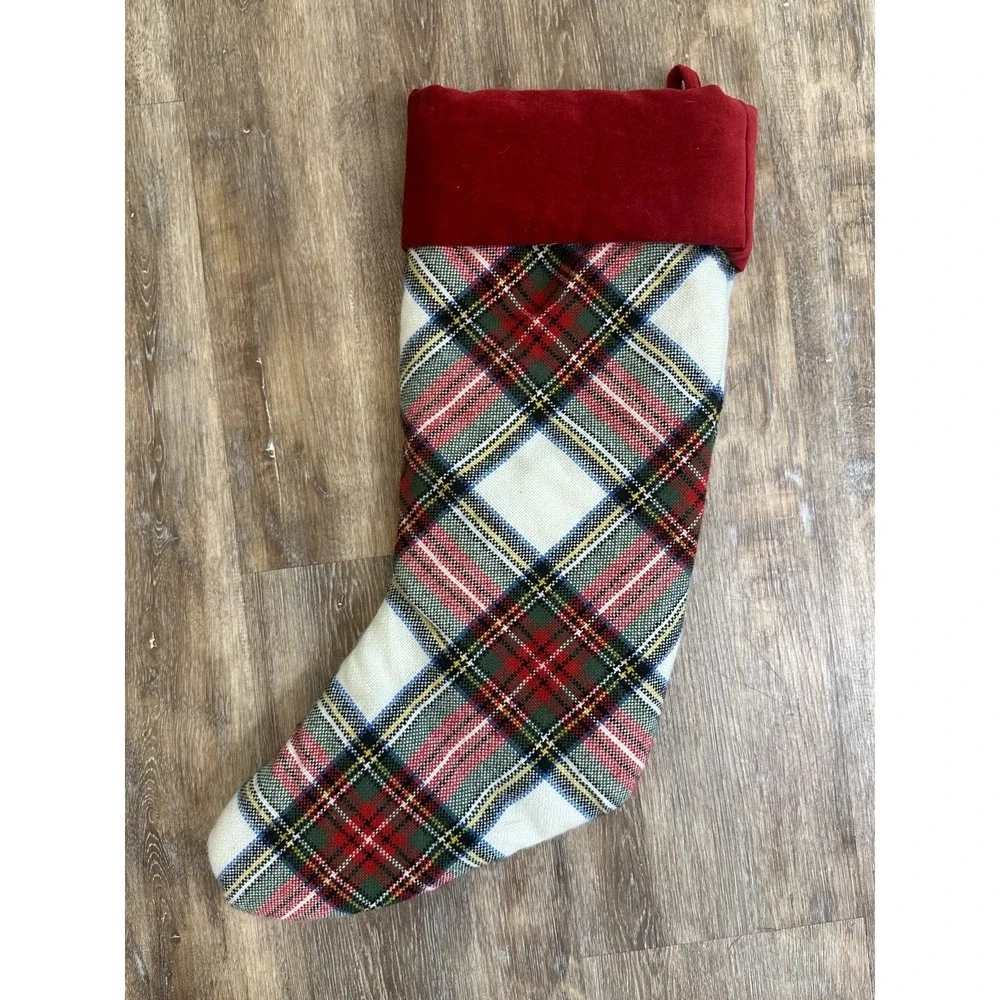 Pottery Barn Plaid Molly Christmas Stocking Red White Green Velvet Cuff Nice